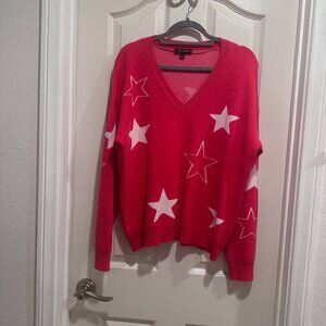 Calligraphie Women's Fuchsia Pink V-Neck Sweater with White Stars XL